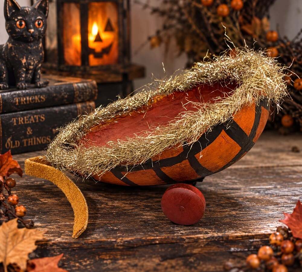 OOAK Primitive Folk Art Halloween Pull Wagon Cart Metallic Tinsel Handmade Vtg